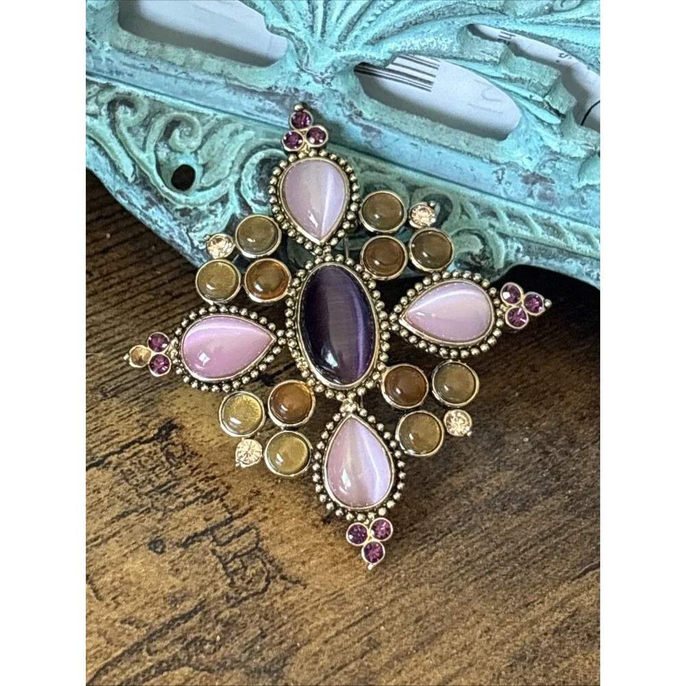 Multicolor Pink Purple Amber Cabochon Gold Brooch Pin Bold Flower Cross Shape